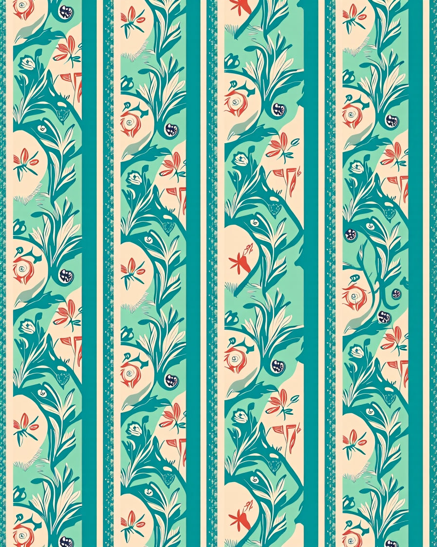 Turquoise Coral Botanical Stripe Arrangement Rug