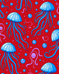 Vibrant Blue Jellyfish Swirling Red Field Rug