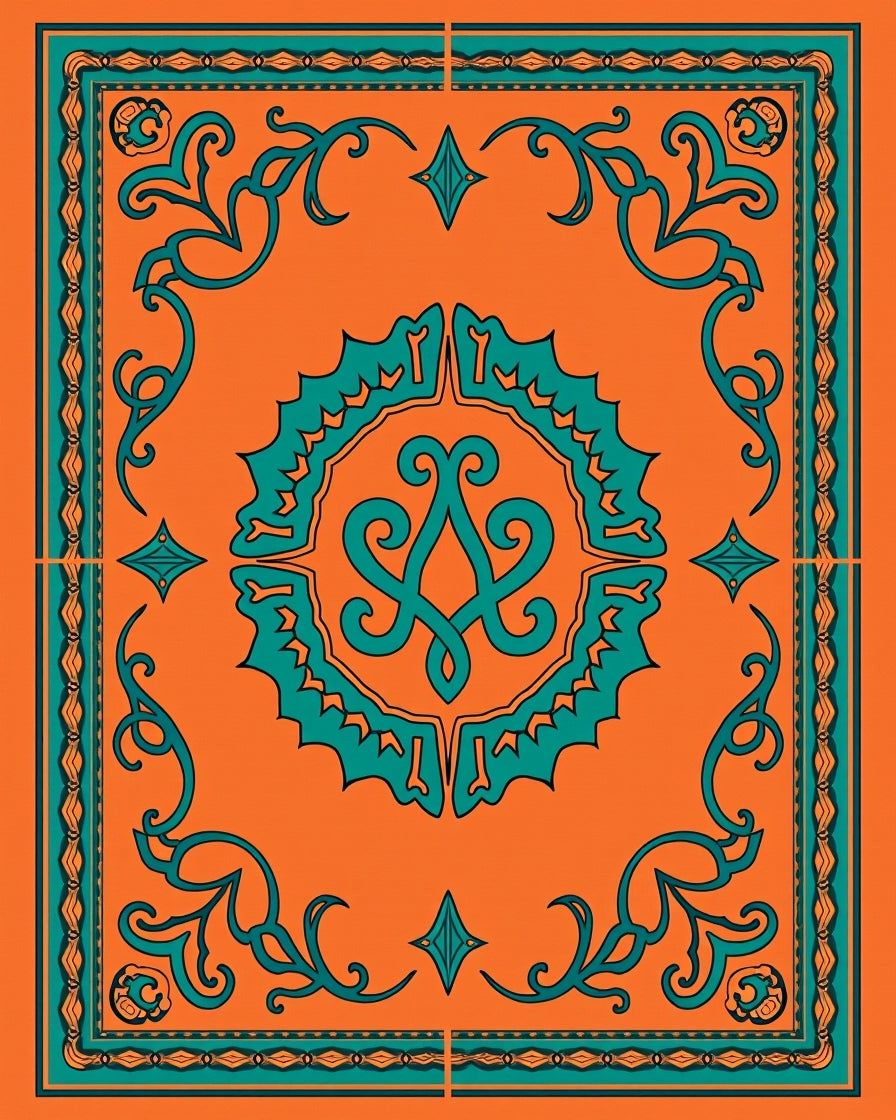 Orange Teal Ornate Scroll Medallion Rug