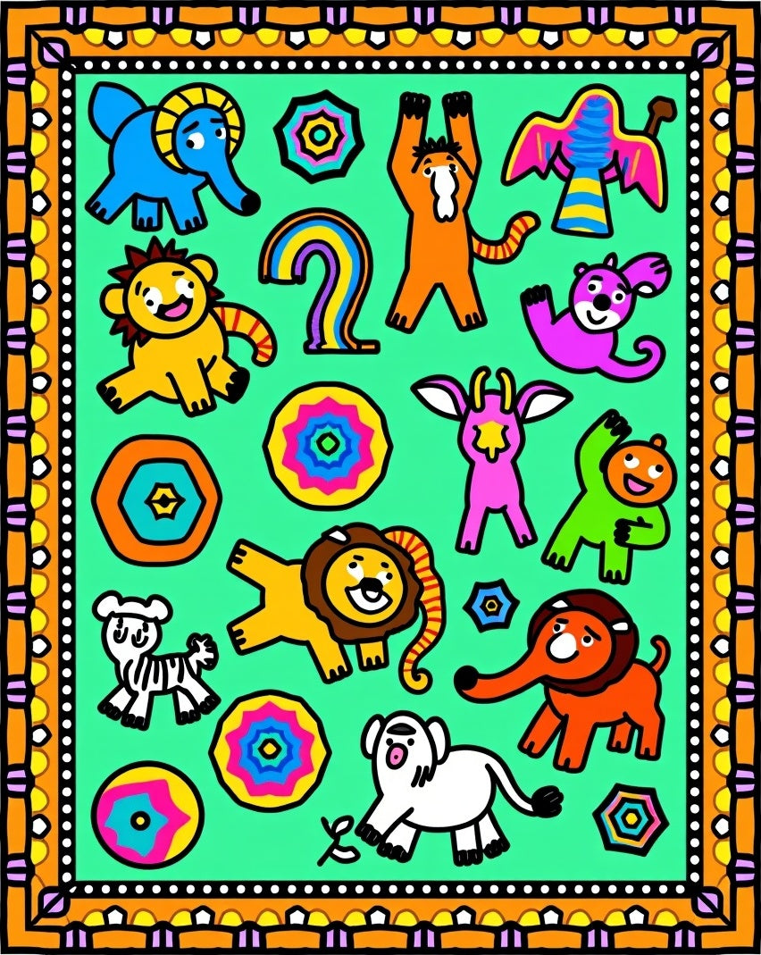 Jubilant Cartoon Animals Colorful Border Rug