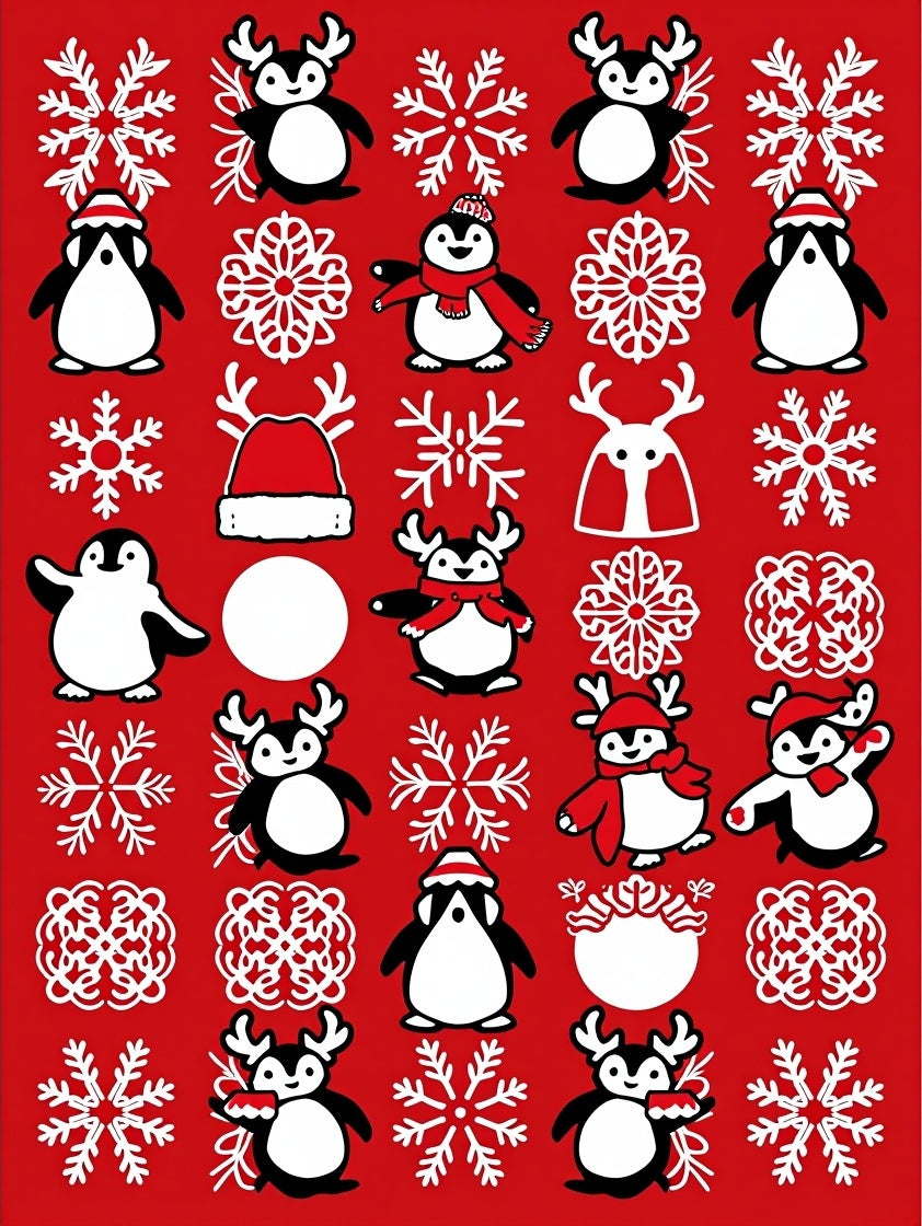 Whimsical Penguin Snowflake Christmas Collage Rug