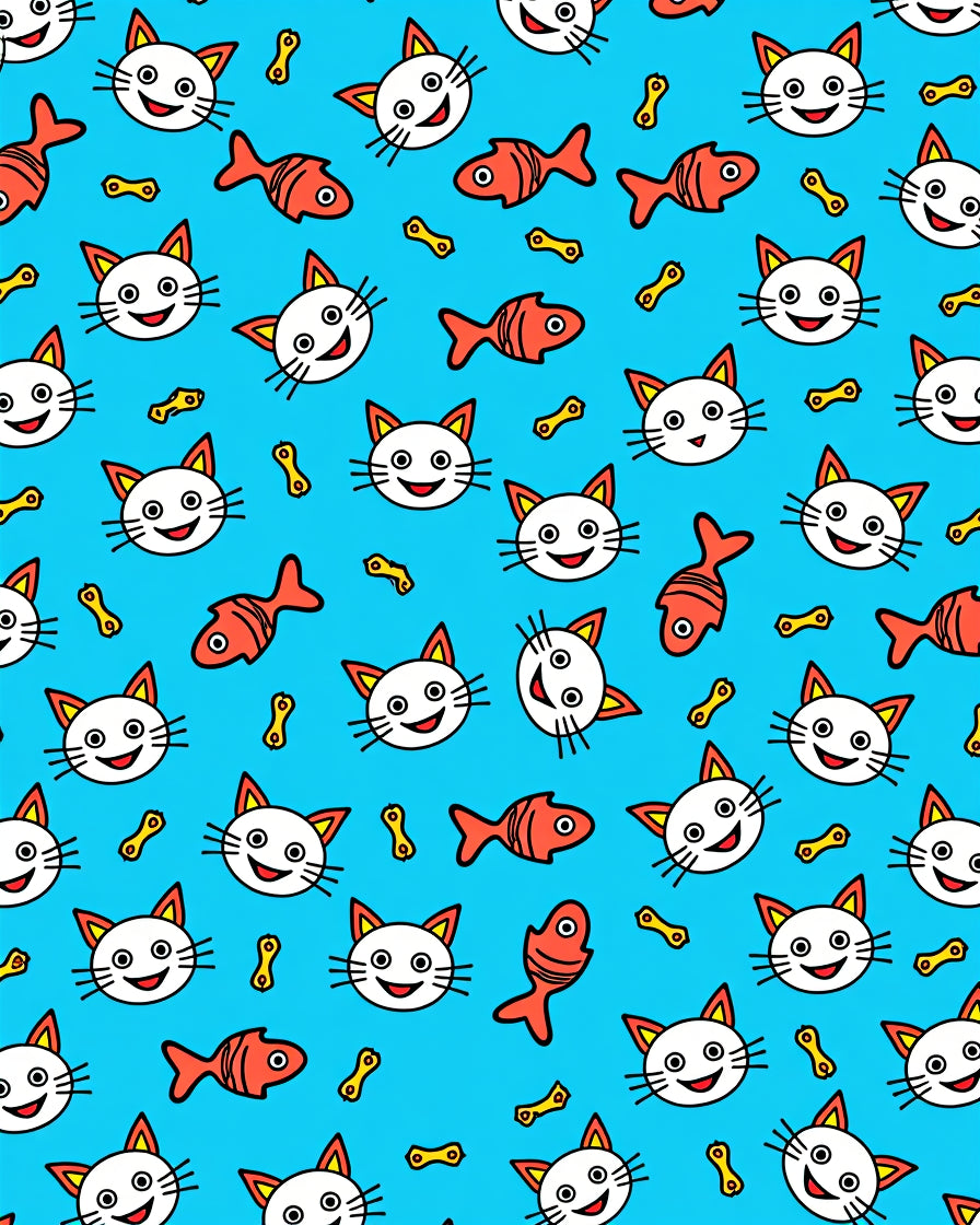 Whimsical White Cat Fish Bone Toss Rug