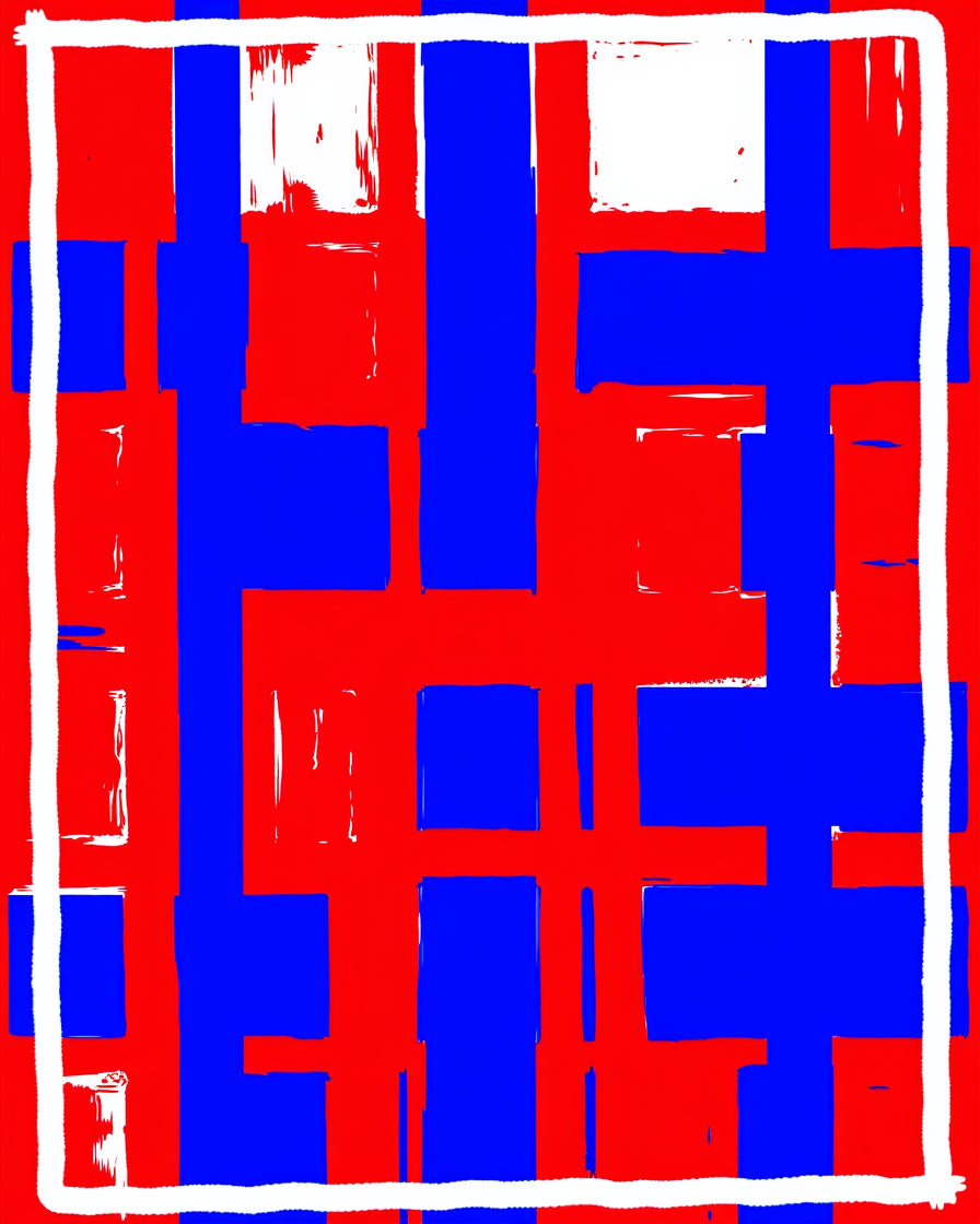Bold Red Blue Brushstroke Grid Rug