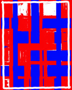 Bold Red Blue Brushstroke Grid Rug