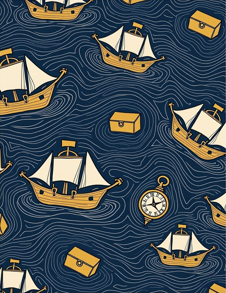 Golden Ships on Deep Blue Ocean Rug