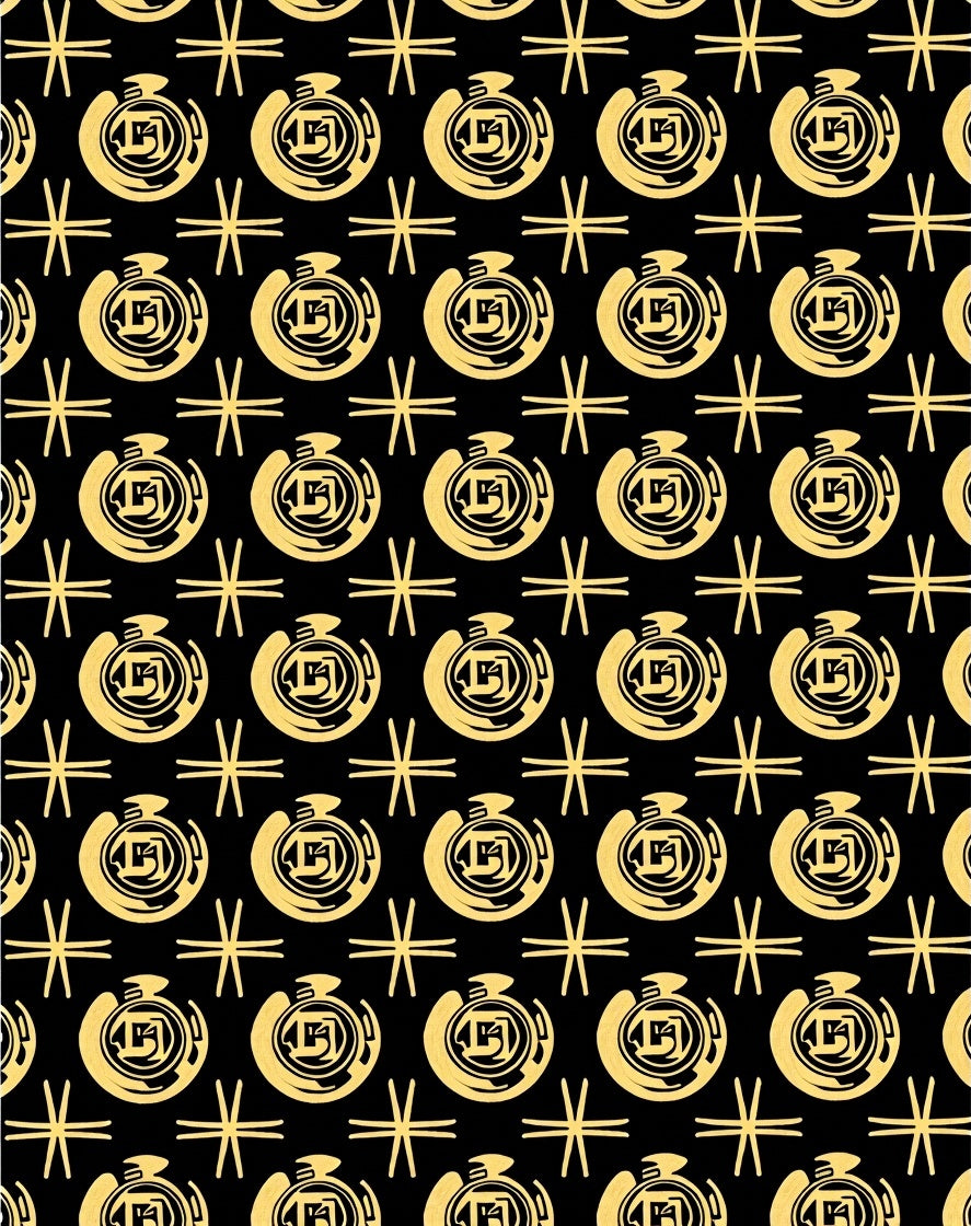 Gold Circular Emblem Black Fabric Rug