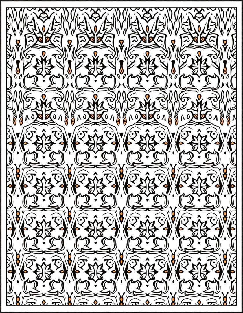 Black White Orange Floral Medallion Rug