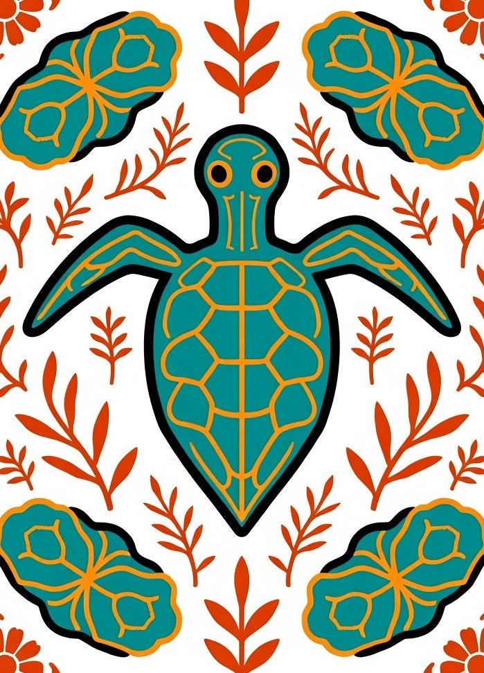 Teal Orange Turtle Botanical Arrangement Rug