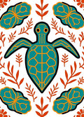Teal Orange Turtle Botanical Arrangement Rug