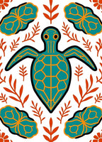 Teal Orange Turtle Botanical Arrangement Rug