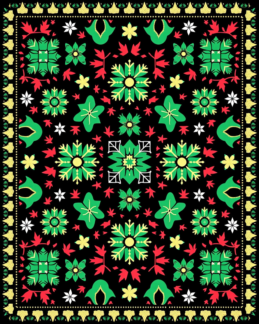 Vintage Black Green Red Floral Star Rug