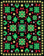 Vintage Black Green Red Floral Star Rug
