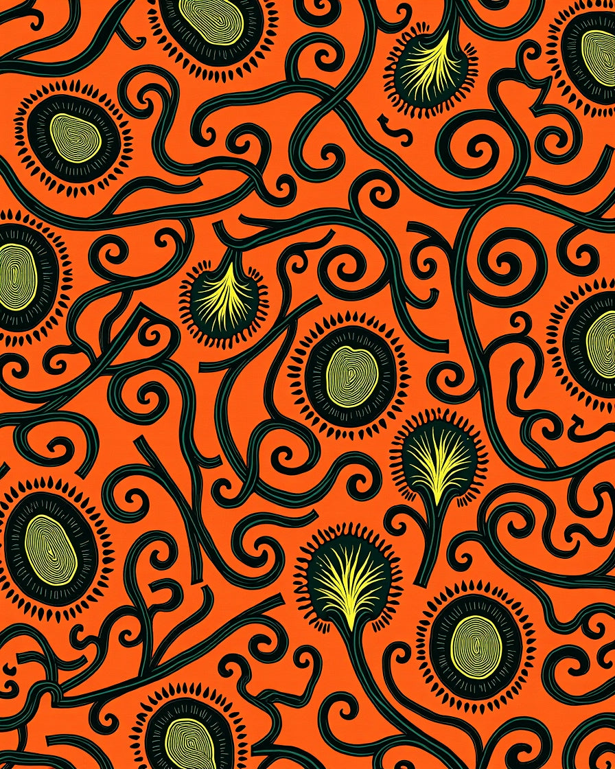 Vibrant Orange Floral Vine Swirl Rug