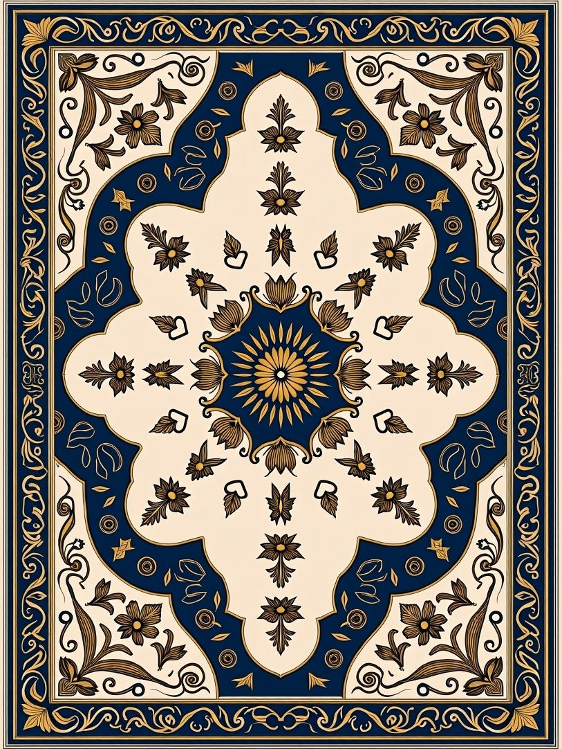 Navy Gold Symmetrical Floral Bloom Rug