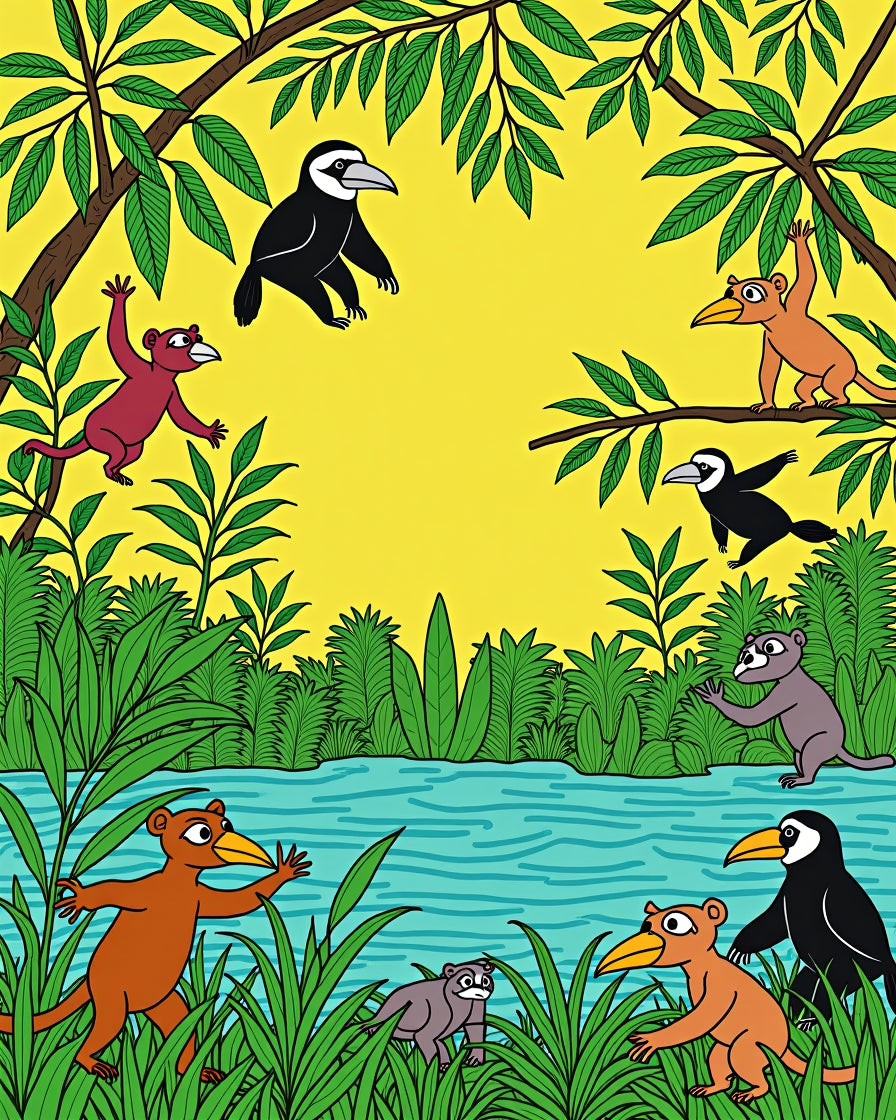 Yellow Jungle Creatures Playing Rug