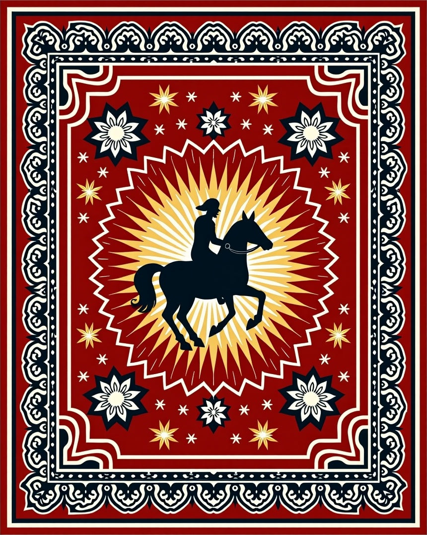 Crimson Horse Rider Sunburst Medallion Rug