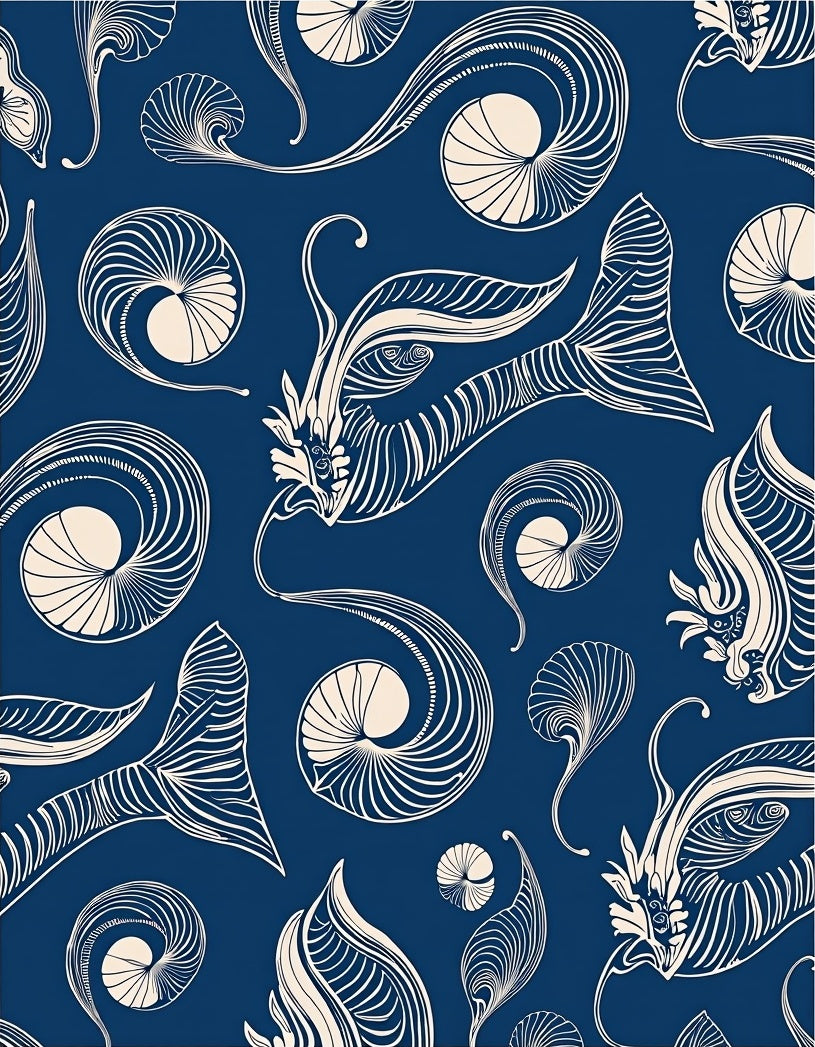 Elegant Blue Swirl Seashell Art Nouveau Rug