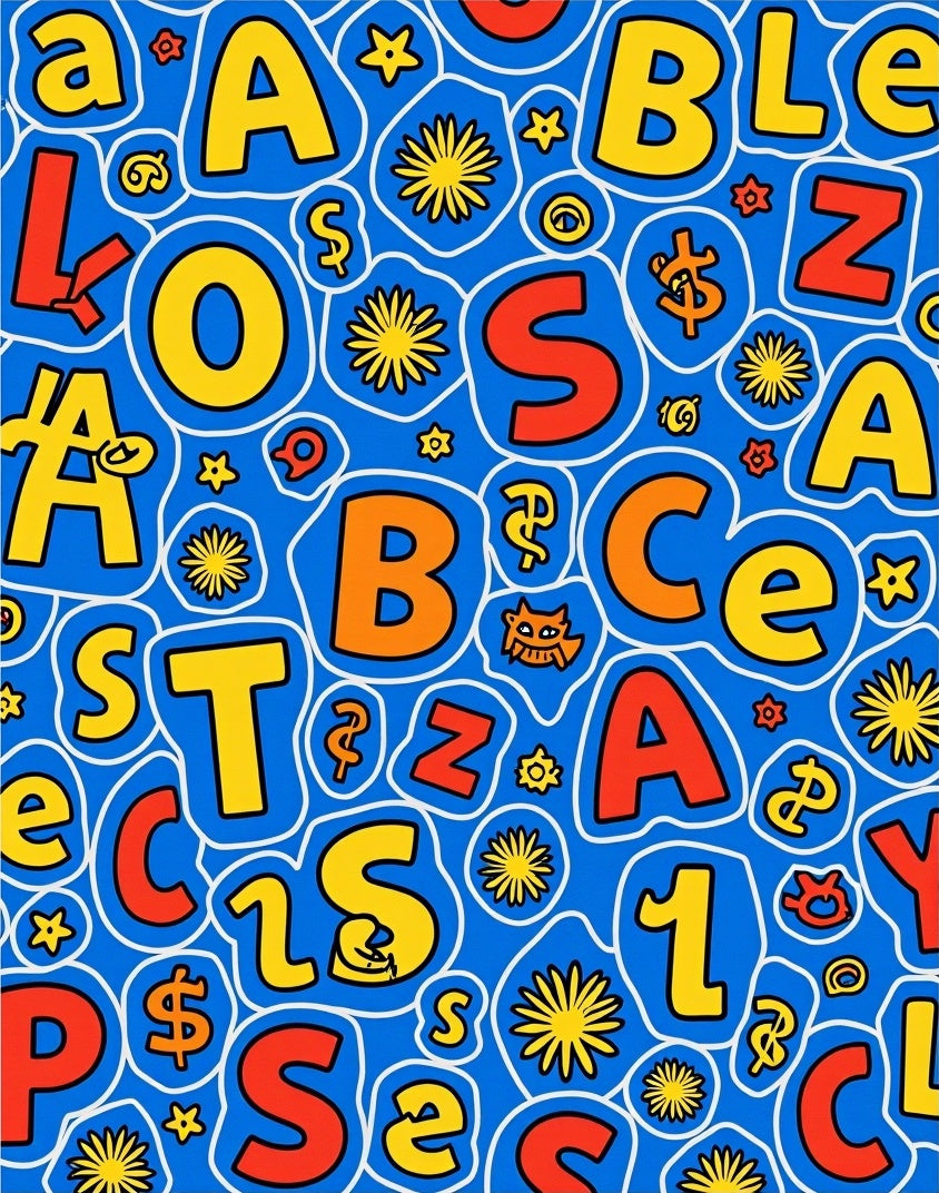 Playful alphabet and sunbursts blue Rug