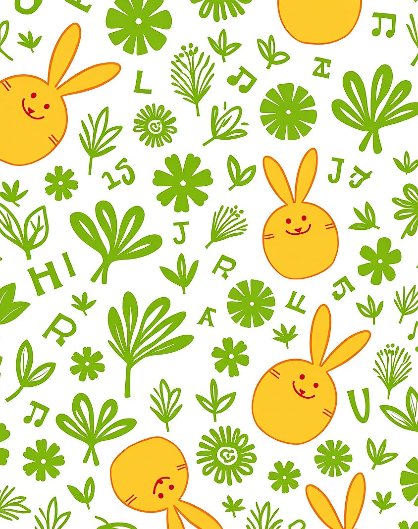Playful Yellow Bunny Greenery Alphabet Rug