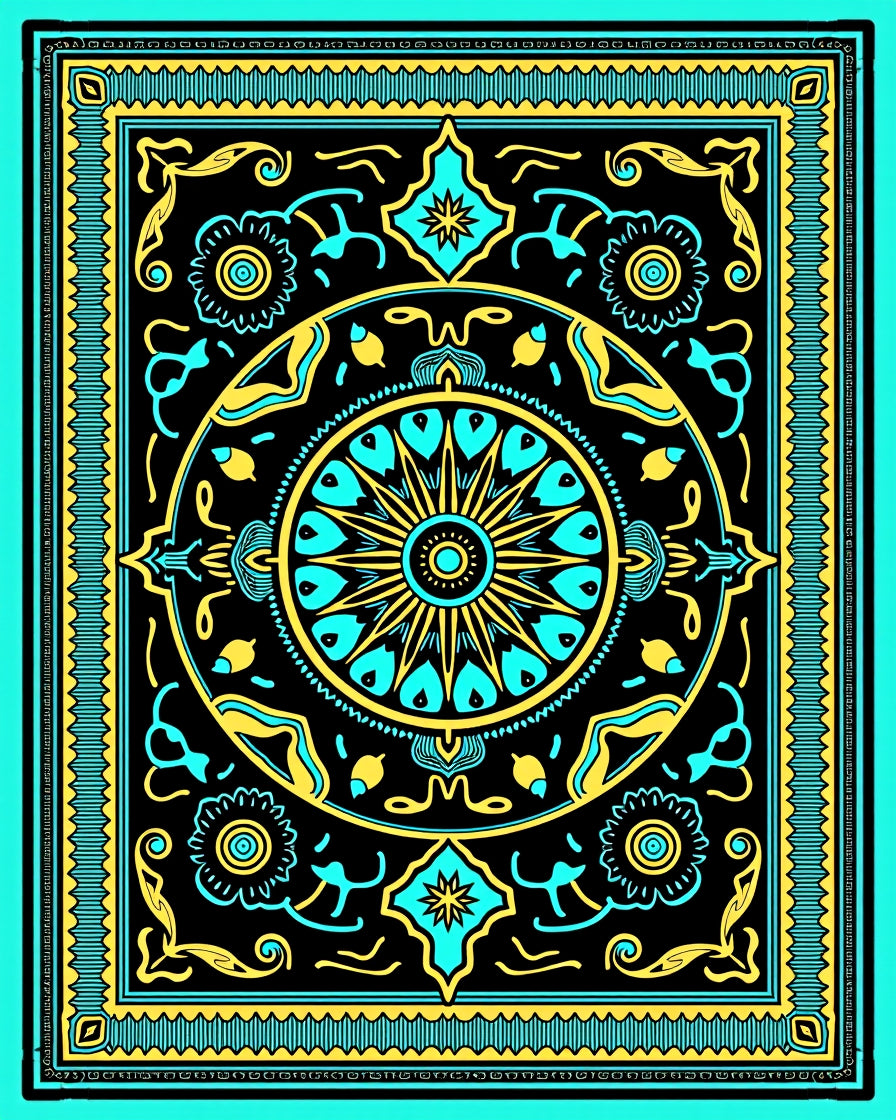 Turquoise Yellow Sunburst Mandala Rug