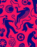 Bold Blue Figures Whimsical Pink Scene Rug