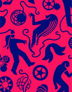 Bold Blue Figures Whimsical Pink Scene Rug