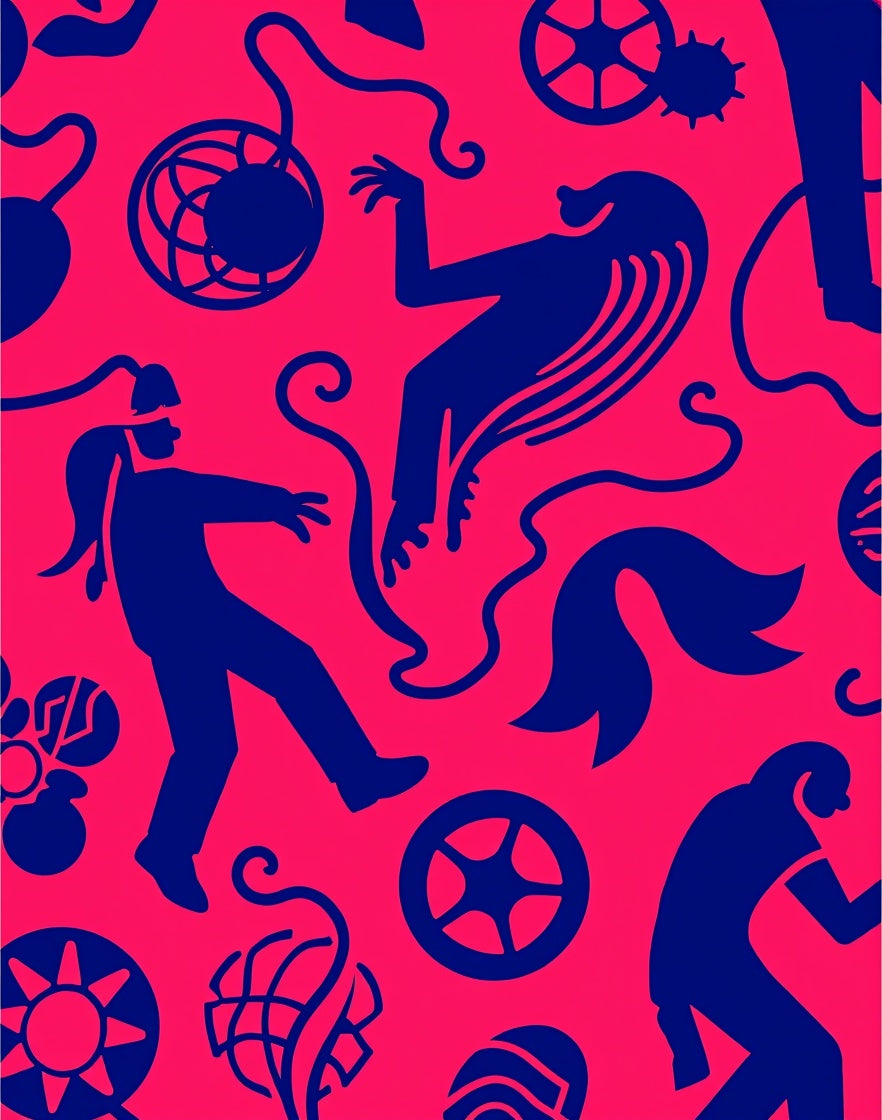 Bold Blue Figures Whimsical Pink Scene Rug