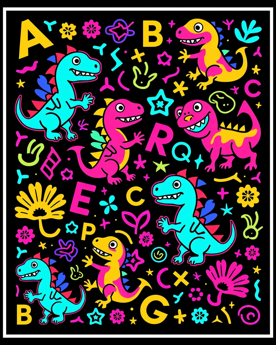 Retro Colorful Dinosaurs Alphabet Fun Rug
