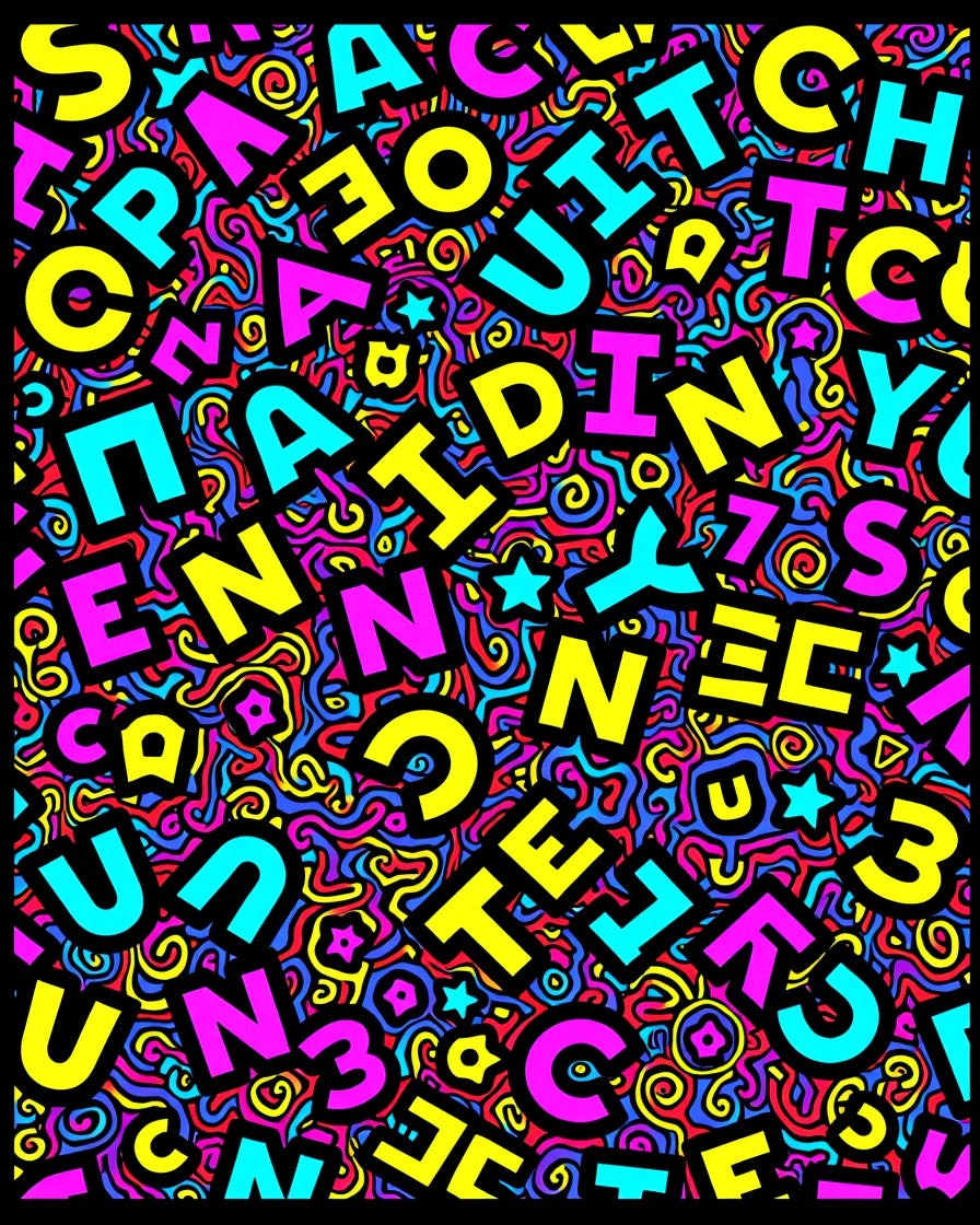 Vibrant Alphabet Chaos Swirl Rug