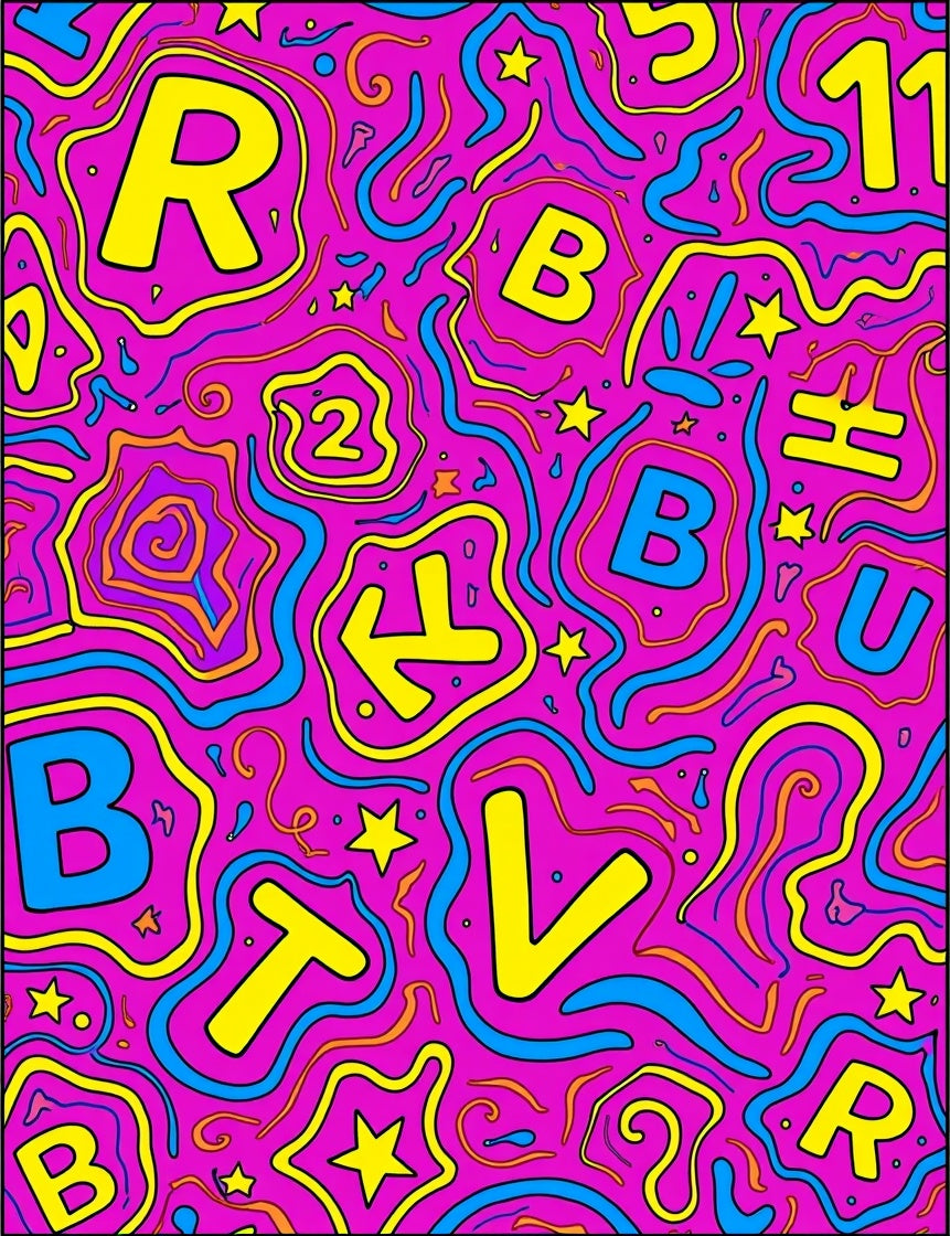 Bold Pink Yellow Blue Alphabet Swirls Rug