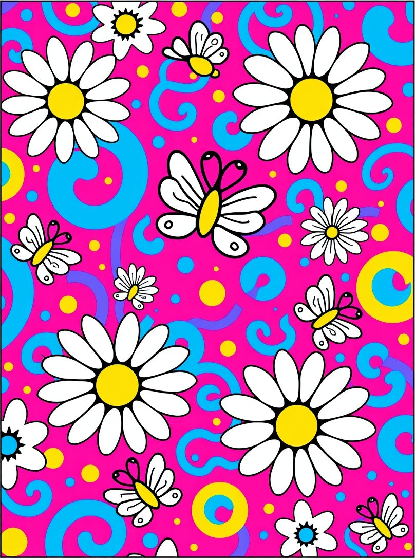Vibrant Pink Daisy Butterfly Swirl Rug