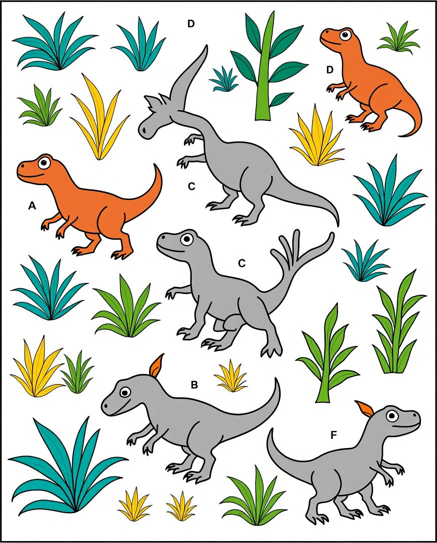 Playful Orange Gray Dinosaurs Foliage Collage Rug