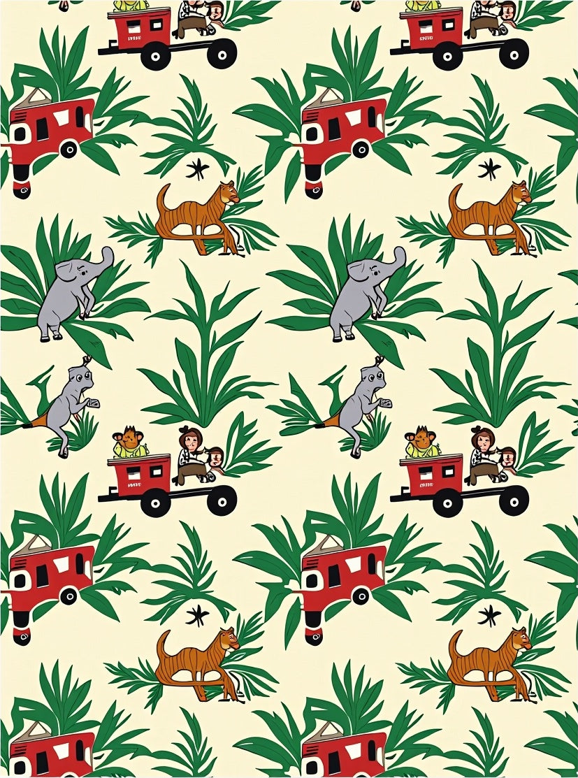 Cartoon Jungle Animals Red Train Tropical Rug