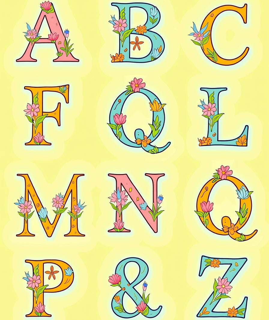 Pink Blue Orange Floral Alphabet Collage Rug