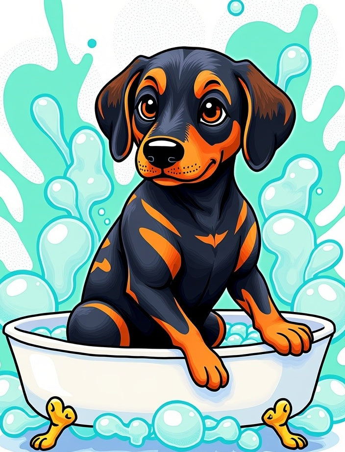 Black Orange Dachshund Bathtime Bubbles Rug
