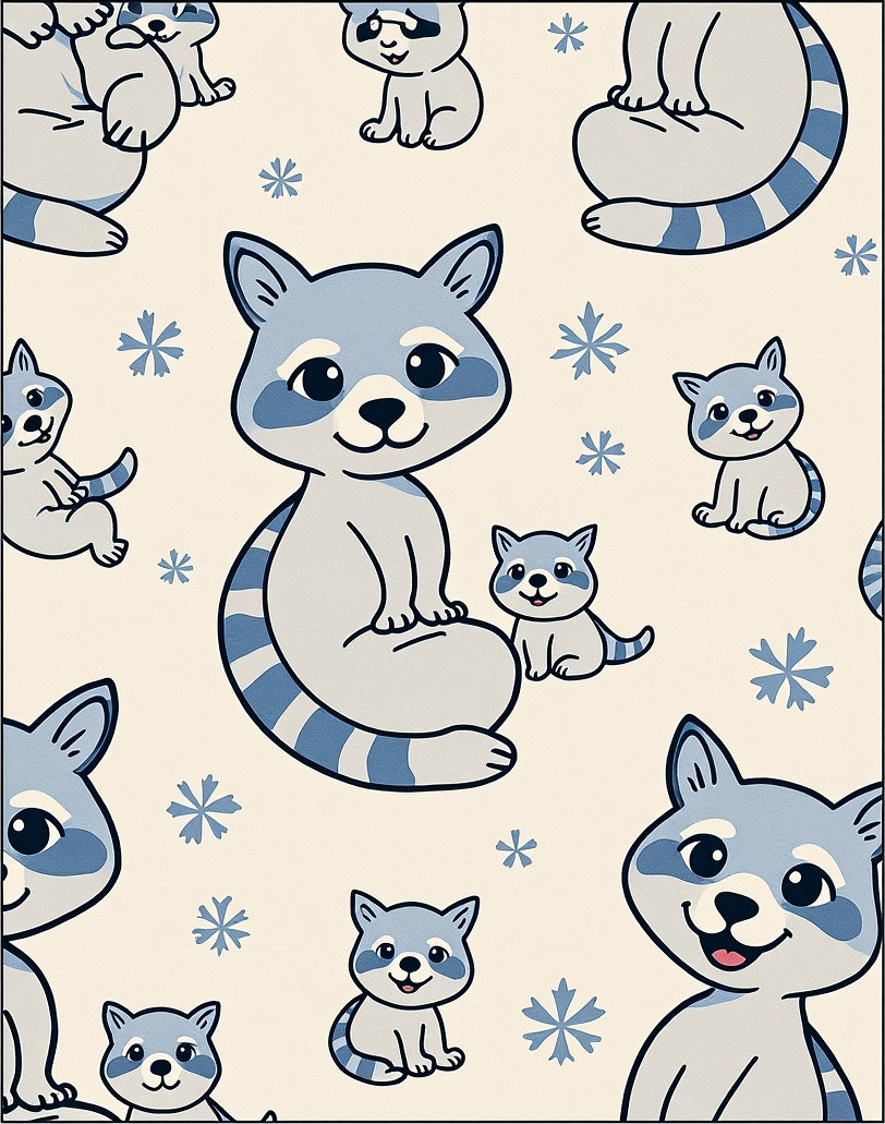 Cute Gray Raccoon Snowflakes Repeating Rug