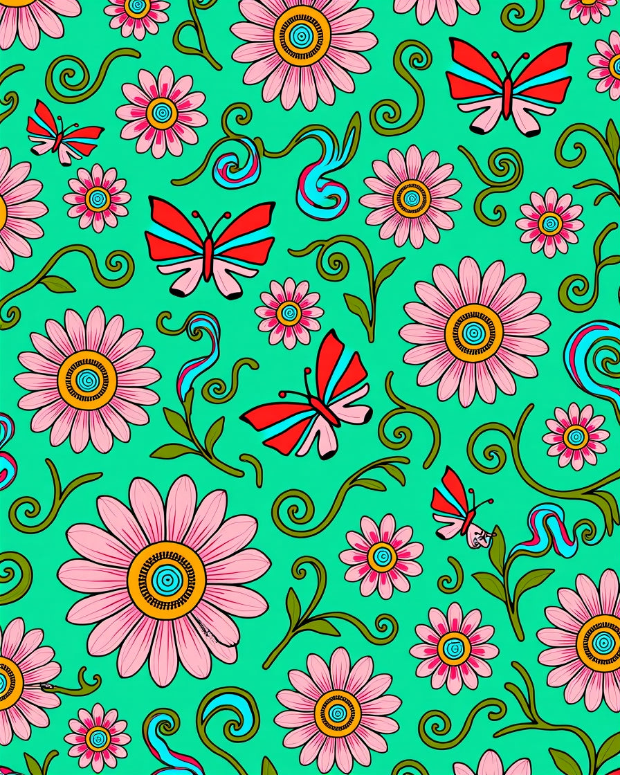 Pink Daisy Butterflies Teal Background Rug