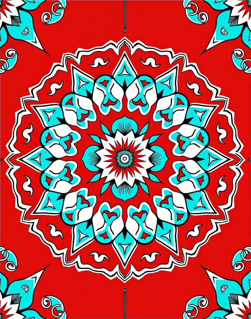 Red Teal White Floral Mandala Rug