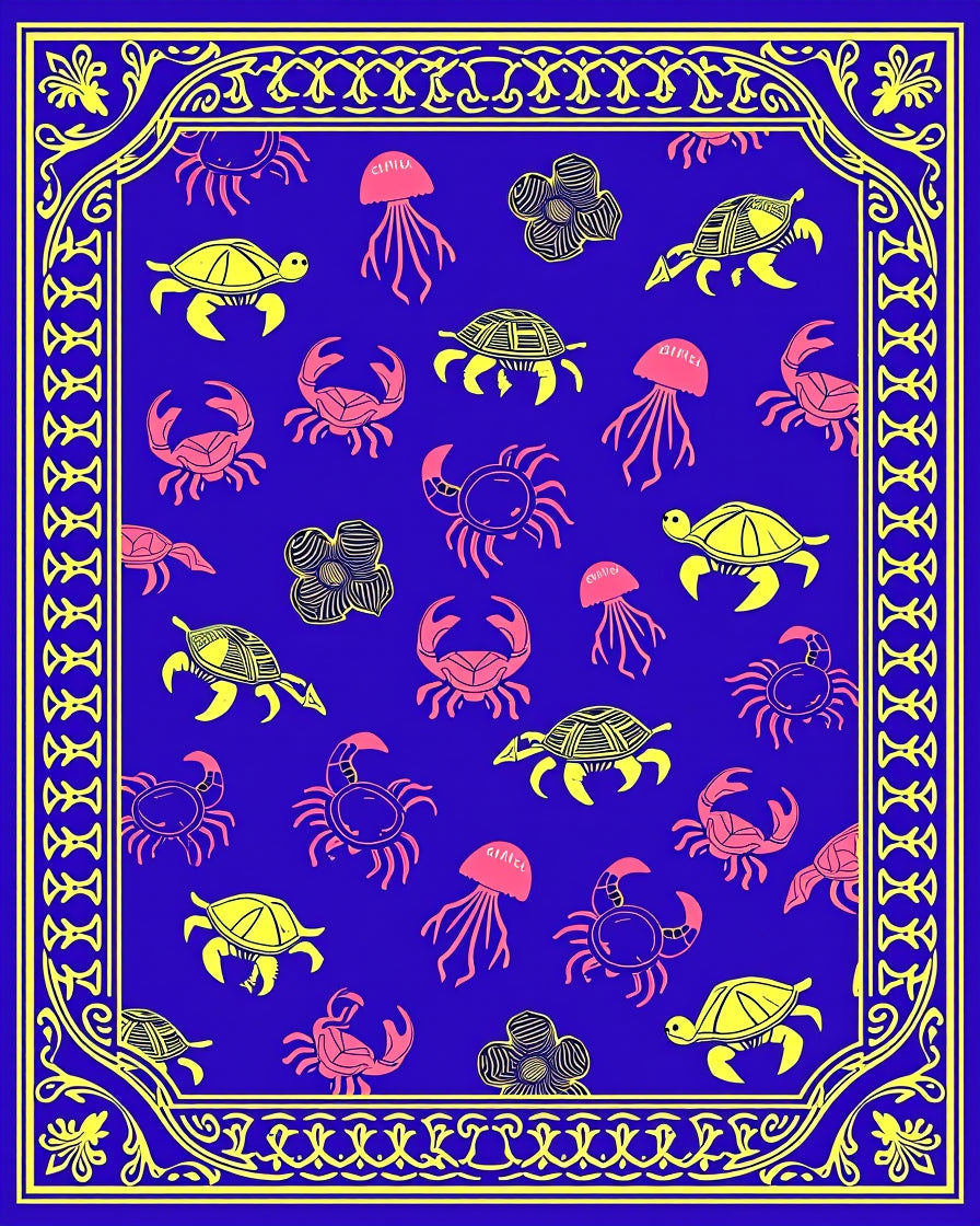 Blue Yellow Sea Creatures Scallop Border Rug
