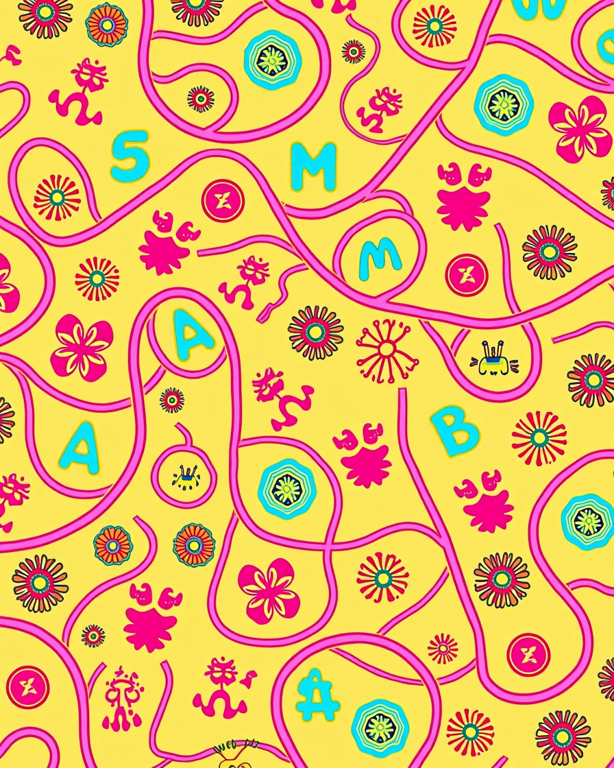 Bright Yellow With Pink Abstract Figures Rug