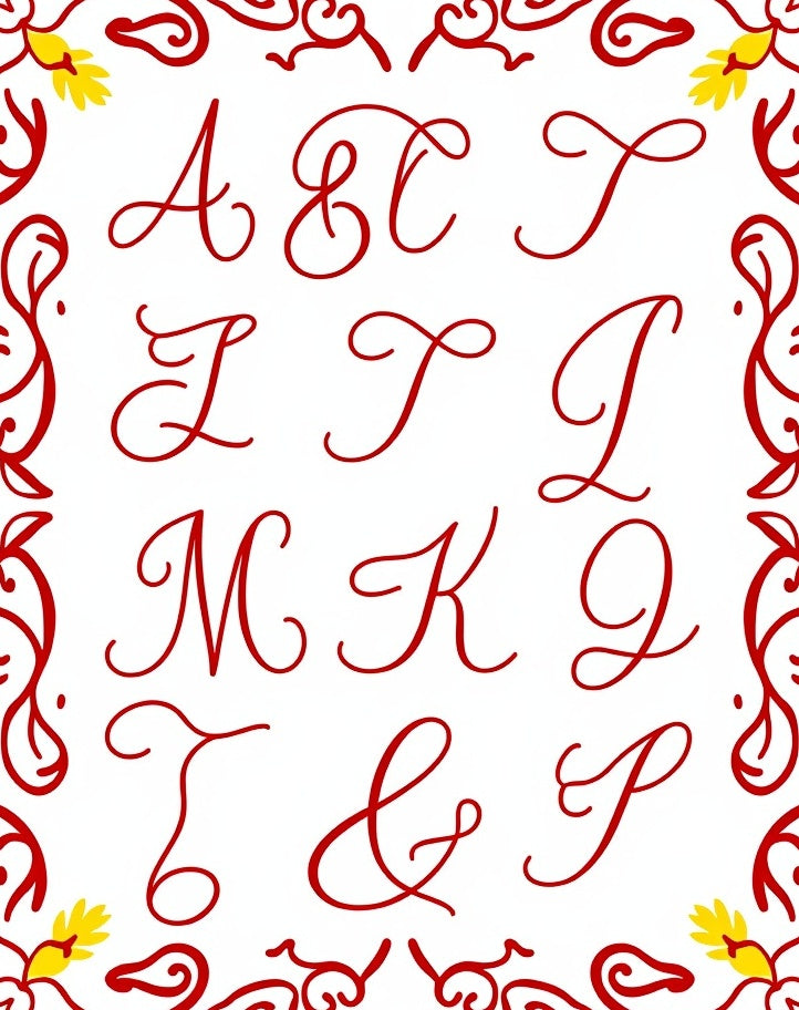 Red Calligraphic Alphabet Border Accent Rug