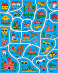 Whimsical Blue Town Scene Cars Castles Rug