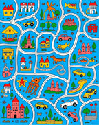 Whimsical Blue Town Scene Cars Castles Rug