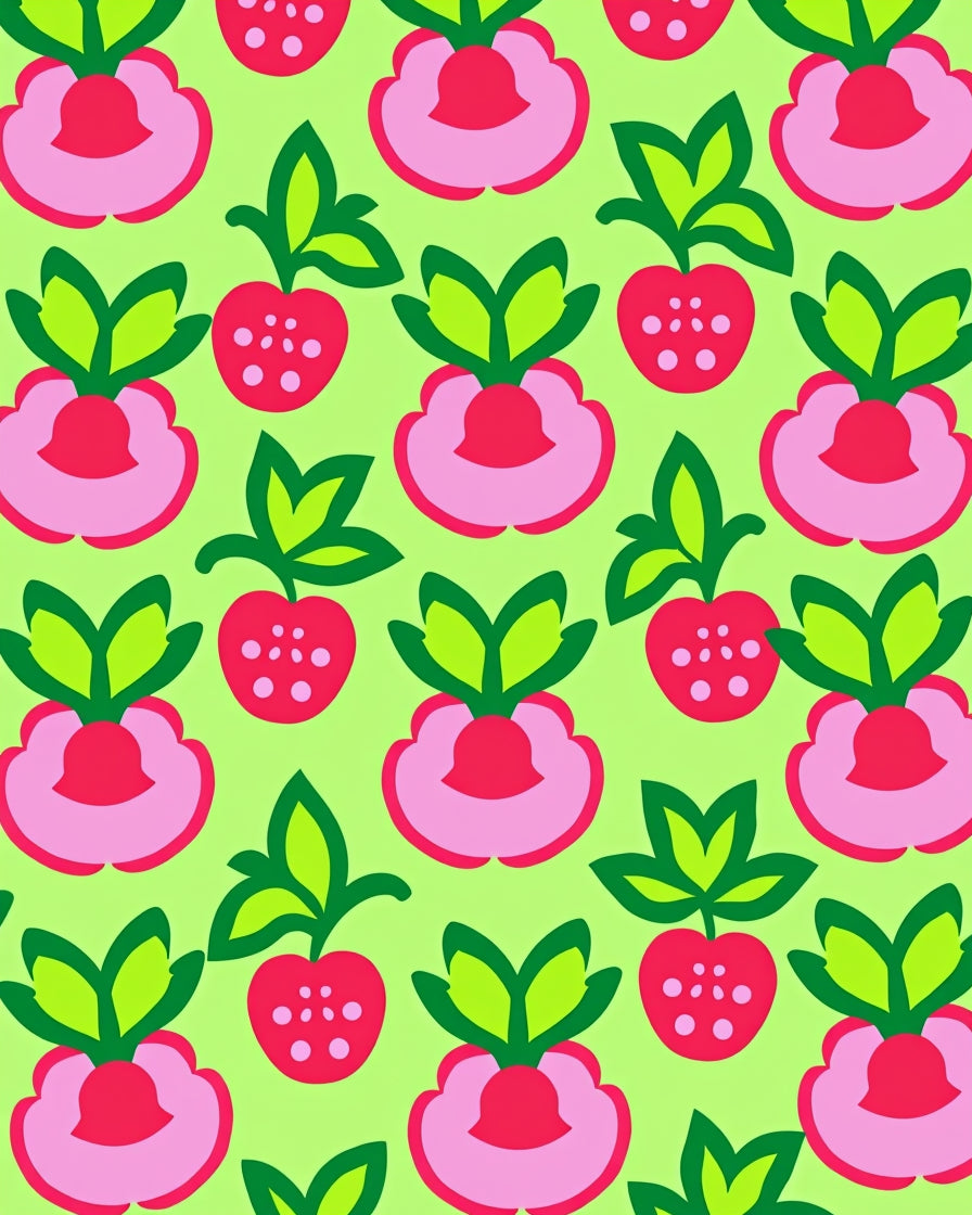 Pink Red Strawberry Garden Illustration Rug
