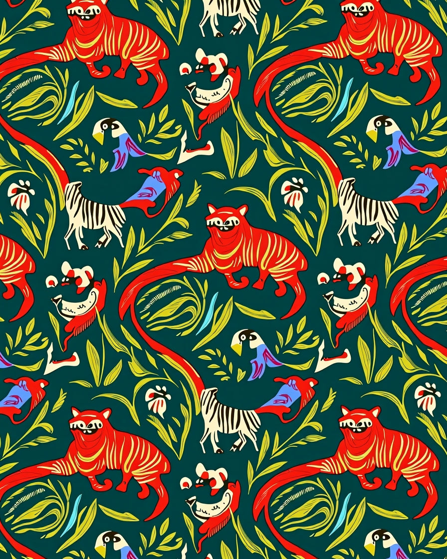 Bold Red Tiger Jungle Wildlife Scene Rug