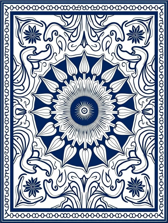 Classic Navy Floral Medallion Frame Rug