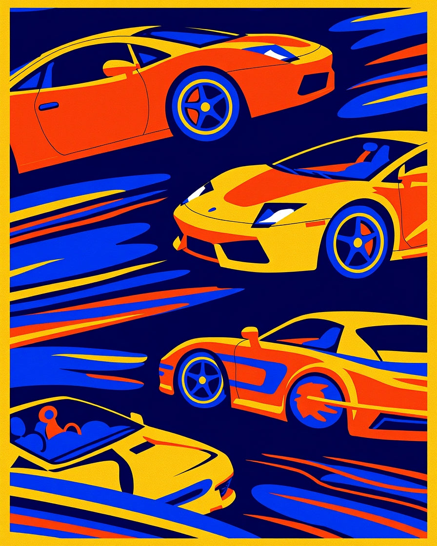 Retro Speeding Sports Cars Yellow Orange Rug