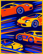 Retro Speeding Sports Cars Yellow Orange Rug