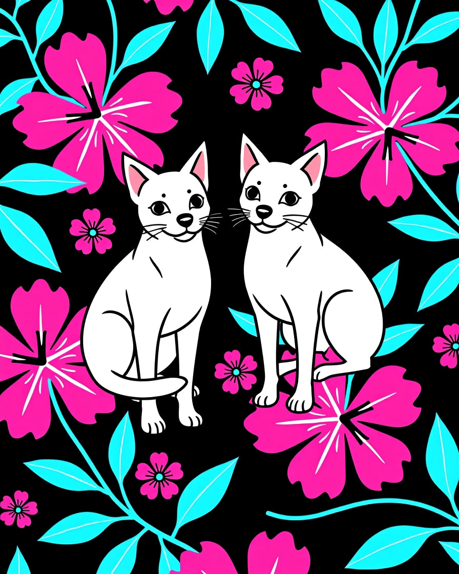 Whimsical White Cats Tropical Bloom Rug