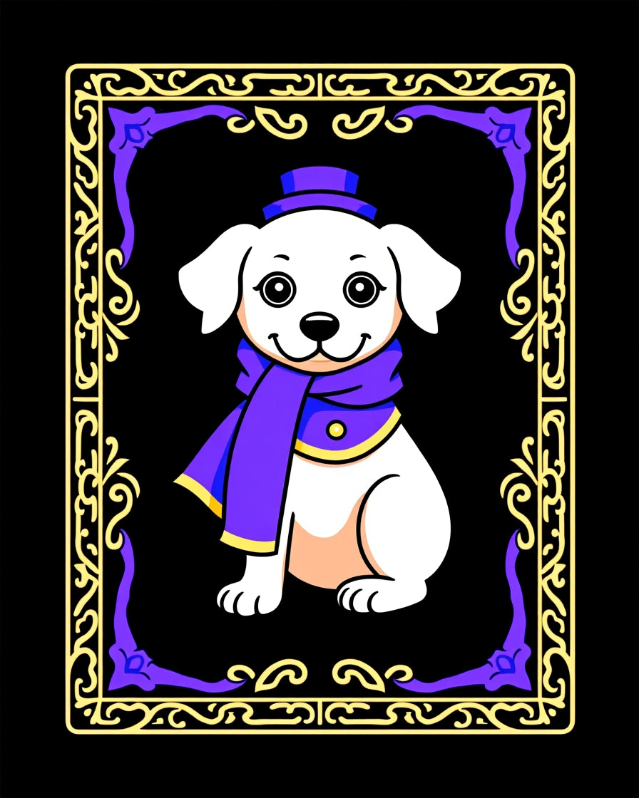 Pup in purple top hat scarf frame Rug